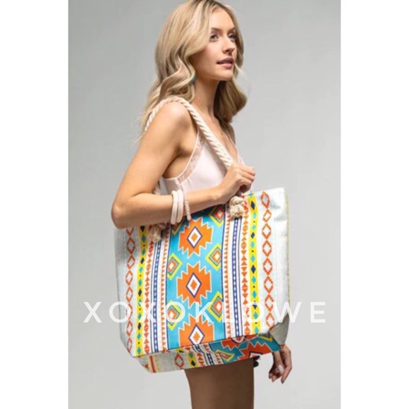 Aztec Southwestern Print Large Tote Bag Fully Lined Rope Handles - Picture 3 of 10